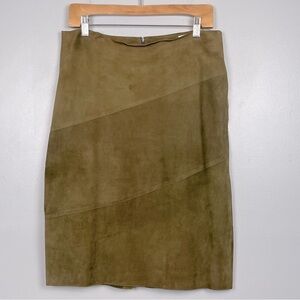 Jose Sanchez olive suede leather back zip asymmetric seam skirt, size 12.